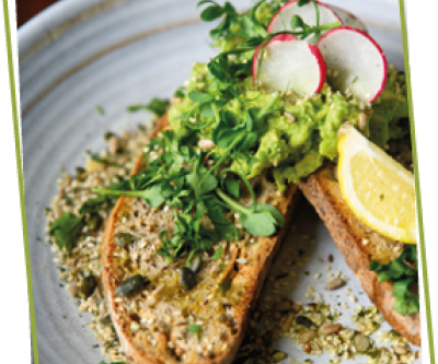 Brotscheiben mit grüner Guacamole und Radieschen