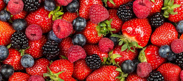 Viele verschiedene Beeren: Erdbeeren, Blaubeeren, Himbeeren, Brombeeren